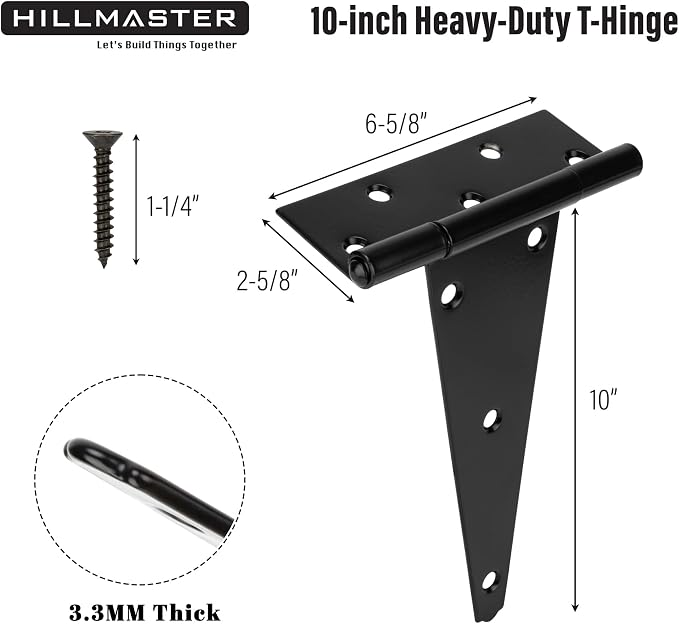 HILLMASTER 10 Inch T-Strap Heavy Duty Shed Door Hinges Gate Strap Hinges Black Tee Hinge Wrought Hardware for Wooden Fences,Yard,Barn Door,Rustproof (2 Pack)