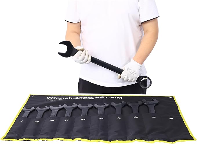 10-piece Jumbo Wrench Set, 34-50mm Large Combination Wrench Set, Metric Black Oxide Finish with Pouch | 34, 36, 38, 41, 42, 44, 45, 46, 48, 50mm sizes, Extra Large Combination Wrench Sets with Pouch (10PC-Metric)