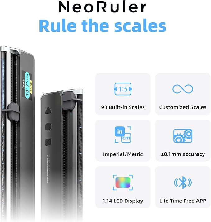 HOZO NeoRuler Digital Scale Ruler, 12 inch Smart Scale Ruler with Infinite Customized Scales and ±0.004 inch Accuracy, 93 Built-in US Imperial, Metric Scales, Architectural and Engineering