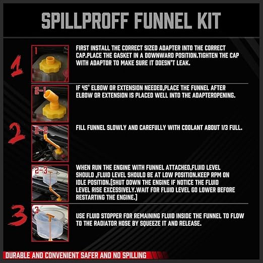 Ultimate No Spill Coolant Funnel Kit - 19-Piece Spill-Free Radiator Funnel Set, Spill Proof Radiator Bleeder Kit, Coolant Filling, Radiator Filler, Extra Funnels and Adapters for Universal Vehicle