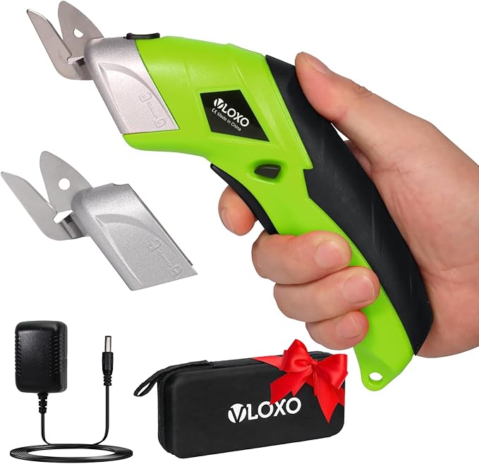 Cordless Electric Scissors, VLOXO Cardboard Cutter Electric Fabric Scissors with Blades Rechargeable Powerful Fabric Cutter for Crafts Leather Carboard Carpet Plastic Felt with Case Green CS4001