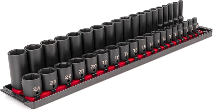 TEKTON 3/8 Inch Impact Socket Set, 38-Piece | SID91211 | (6 - 24 mm), Shallow and Deep, 6-Point, Socket Rail