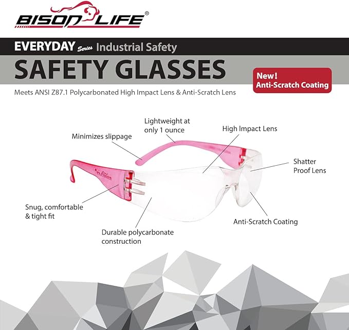 BISON LIFE Clear Safety Glasses – ANSI Z87.1 Scratch & Impact Resistant Wrap Around Eye Protection Goggles for Men & Women