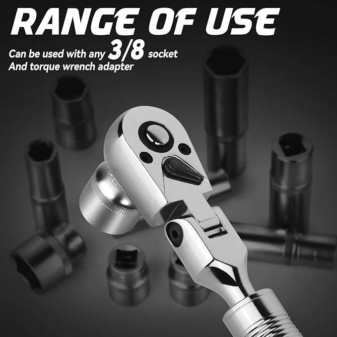 DISEN 3/8" Drive Extendable Ratchet,72-Tooth Flex-Head Ratchet Wrench with Quick Release Locking，Soft-Grip with Reversible Switch,Full-Polished Chrome Plating