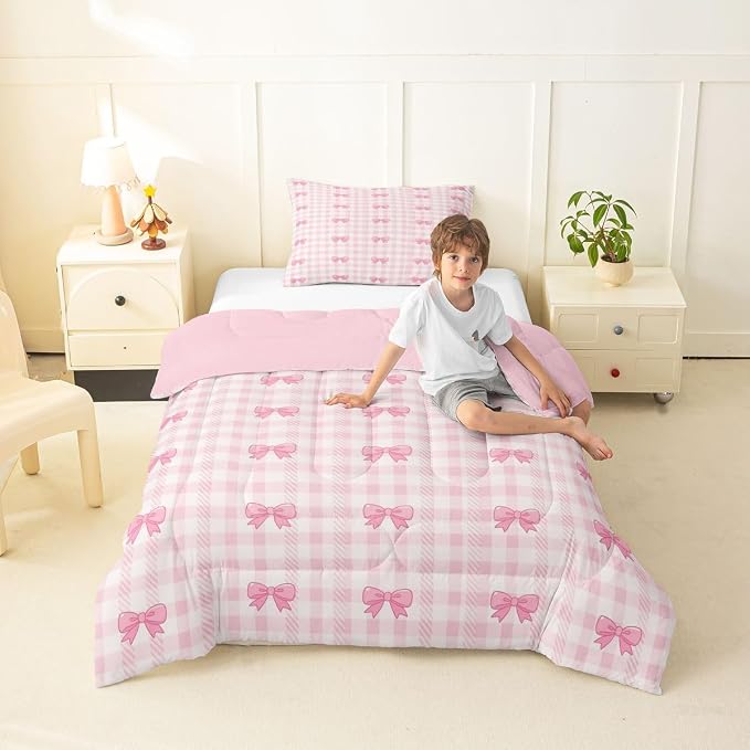 Feelyou Pink Bow Checkered Comforter Set Twin Size Chic Grid Bowknot Bedding Set for Kids Boys Girls Princess Duvet Quilt Bedroom Decor Microfiber 2 Pcs with 1 Pillow Cases