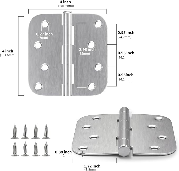 goldenwarm 48 Pack 4 inch Brushed Nickel Door Hinges Satin Nickel Exterior Door Hinges - Residential Hinges for Interior and Exterior Doors, 5/8" Radius Corners, Iron