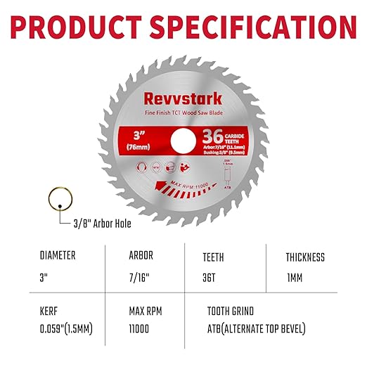 3 Pack 3 Inch 36 Tooth Carbide Circular Saw Blade for Wood, Plastic, PCV, Acrylic, Aluminum with 7/16" Arbor, 3/8" Bushing, Fit Dewalt Craftsman Ryobi Milwaukee