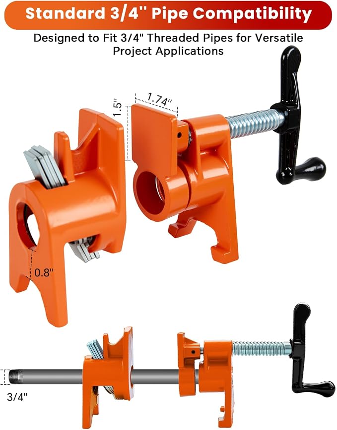 ATPEAM 3/4'' Pipe Clamps for Woodworking Heavy Duty Cast Iron Wood Gluing Pipe Clamp Set for Woodworking, Carpentry, Home Improvement, and DIY Jobs (4, No Protective Pads)