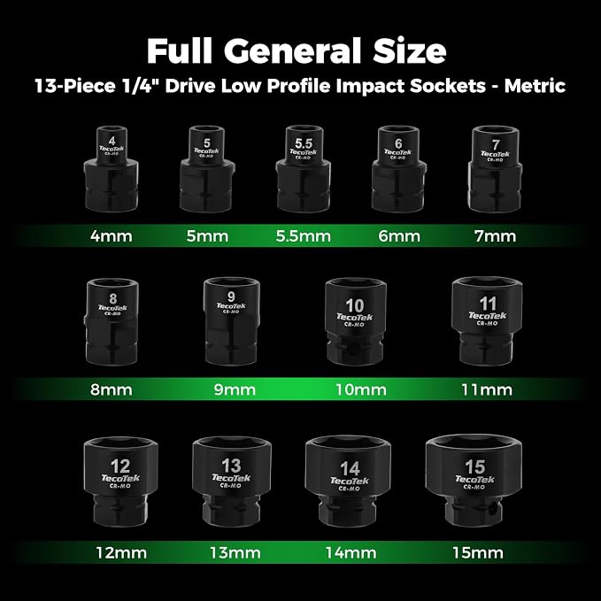 TecoTek 13-Piece 1/4-Inch Drive Metric Low Profile Impact Socket Set, Stubby Socket Set, 4mm to 15mm, No Skips Sizes, 6 Point, Cr-Mo, Shorter Socket for Tight Areas