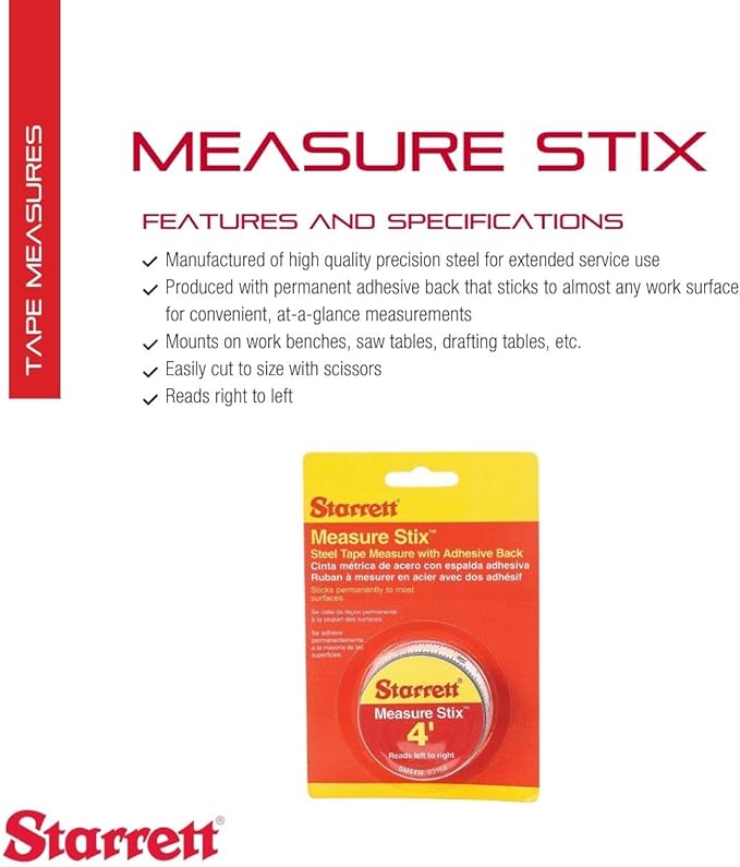 Starrett Tape Measure Stix with Adhesive Backing - Mount to Work Bench, Saw Table, Drafting Table - 1/2" x 4', English Metric, Left-Right Reading - SM44W