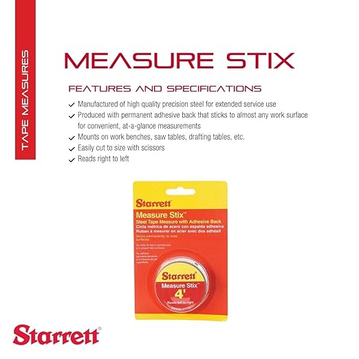 Starrett Tape Measure Stix with Adhesive Backing - Mount to Work Bench, Saw and Drafting Table - 1/2" x 4', English Metric, Left-Right Reading - SM44ME