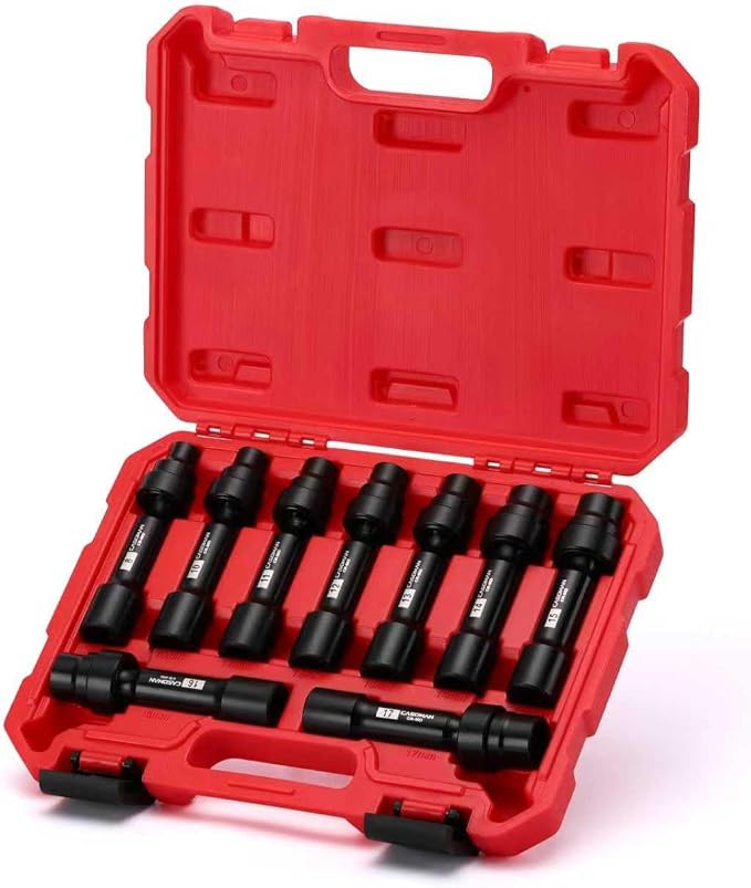 CASOMAN 9-Piece 1/2 Inch Drive Driveline Limited Clearance Socket Set, Deep Impact Swivel Socket Set, 12-Point, Metric, 8mm - 17mm, Cr-Mo Steel, with Heavy Duty Storage Case