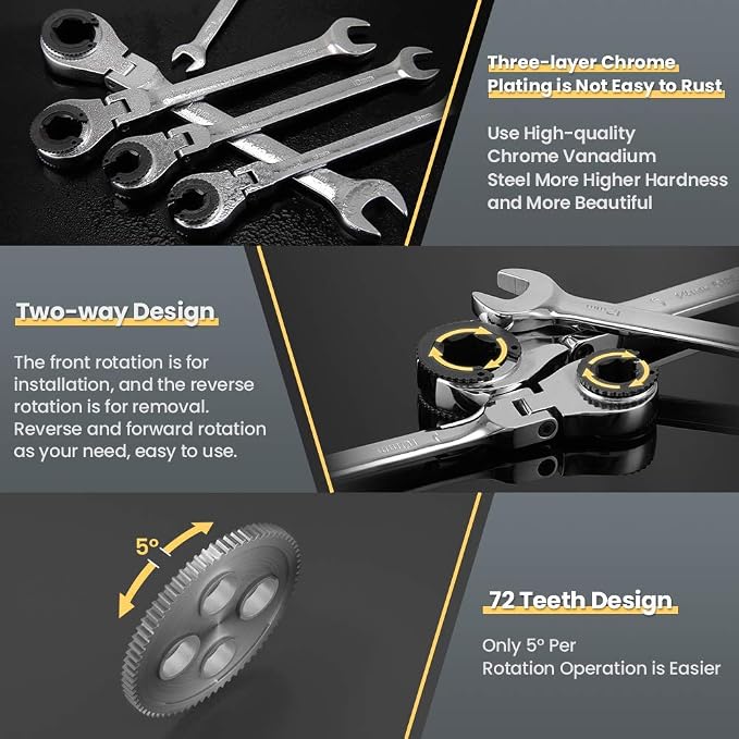Metric Tubing Combination Ratcheting Wrench Set 9pcs 8-17mm Flex-Head | 180° open flex-head,72 gears,Cr-V steel constructed,durable tubing ratchet design for automotive and plumbing use