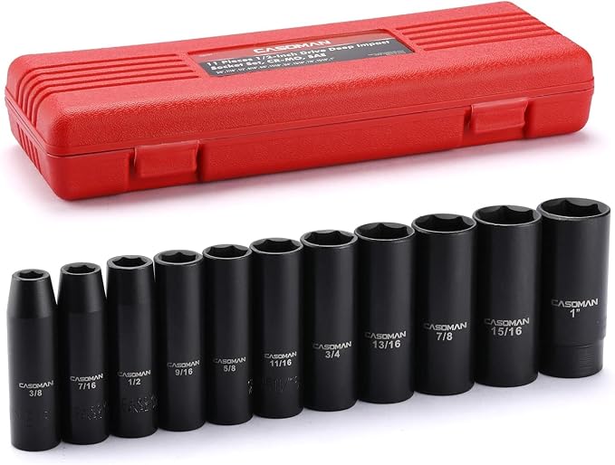 CASOMAN 11 Pieces 1/2-Inch Drive Deep Impact Socket Set, SAE, 6-Point, 3/8-Inch to 1-Inch