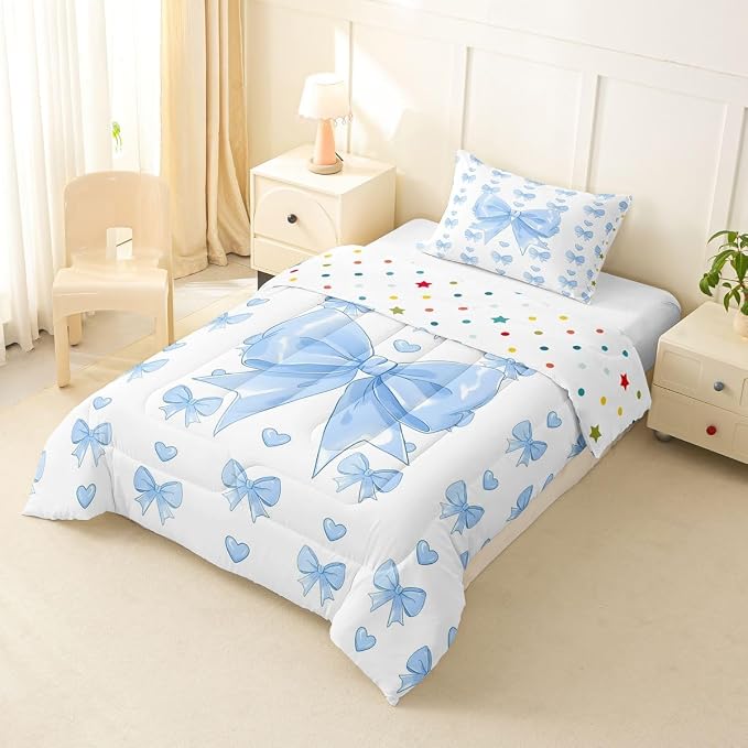 Feelyou Cute Blue Bowknot Kids Comforter Set Toddler Size Love Hearts Bow Bedding Set Girly Bow Duvet Quilt for Kids Boys Girls Bedroom Decor Microfiber Ultra Soft Breathable