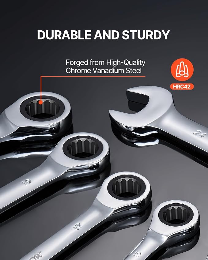 VEVOR Combination Wrench Set, 16-Piece Ratcheting Wrench Set with Organizer Rack, Cr-V Steel, Metric 8 mm to 24 mm, Ideal for General Household, Garage, Workshop, Auto Repairs, Emergency