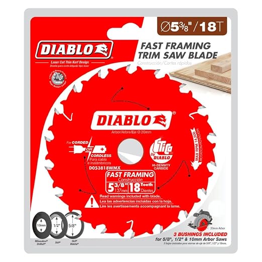 Diablo Saw Blade for Medium Aluminum - 5-3/8" Diameter, 50 TCG Teeth, 20mm Arbor, .061" Kerf, -5° Hook Angle, .039" Plate, 14500 Max RPM - D053850NMX