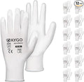 KAYGO Work Gloves for Men and Women, 12 Pairs Seamless Knit PU Coated Safety Gloves, with Smooth Grip on Palm and Fingers, Ideal for Light Warehouse, Manufacturing, Gardening, KG11P (XL, White)