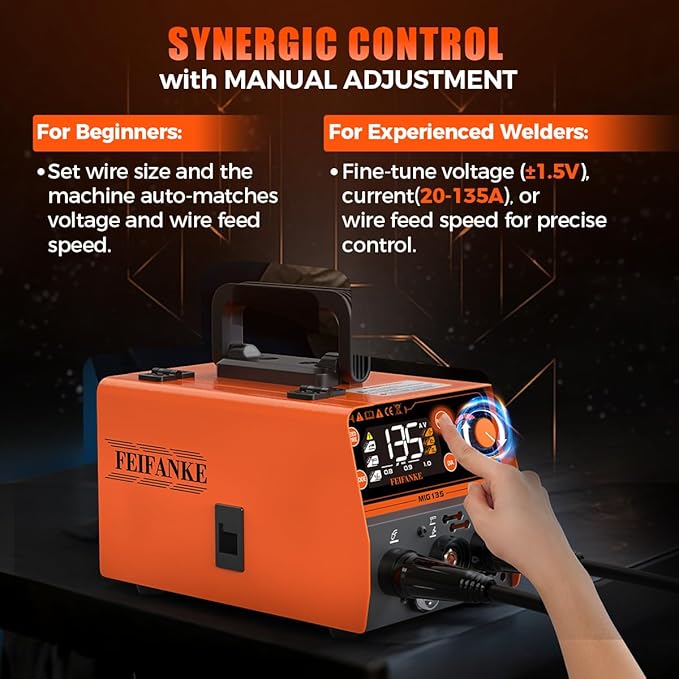 FEIFANKE 135A MIG Welder, 110v Flux Core MIG/Stainless Flux MIG/Stick/MMA/Lift TIG 4 In 1 Portable Multiprocess Welding Machine With LED Display, Synergic Wire Feed Welder IGBT For Thin Metal（6.6LBS）