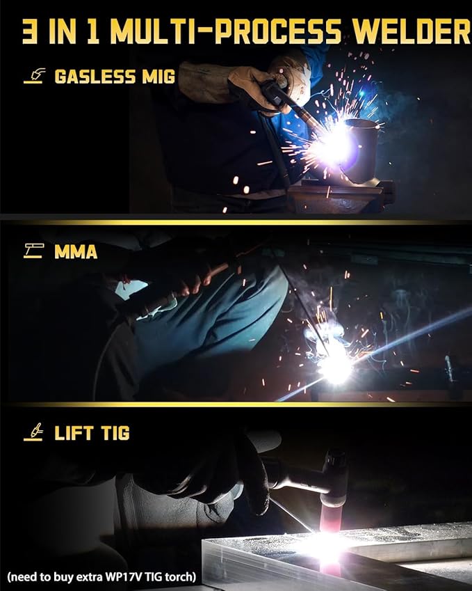 H HZXVOGEN 140A MIG Welder, 110V/220V Dual Voltage, Flux Core MIG/Lift TIG/Stick 3-in-1 Welding Machine with Synergic, IGBT Inverter, Portable Welder
