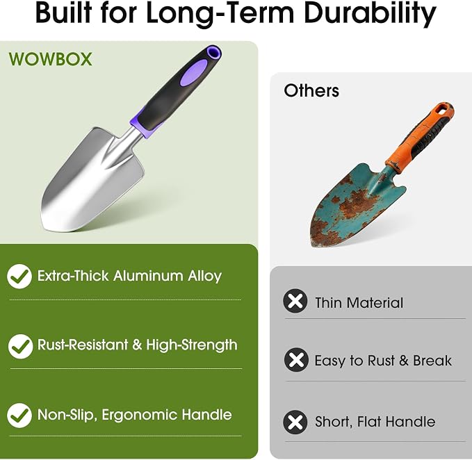 WOWBOX Garden Tools Set - 10 PCS, Heavy Duty Gardening Hand Tools Kit with Storage Tote, Rust-Resistant Gardening Supplies for Planting with Non-Slip Ergonomic Handle for Women and Men (Purple)