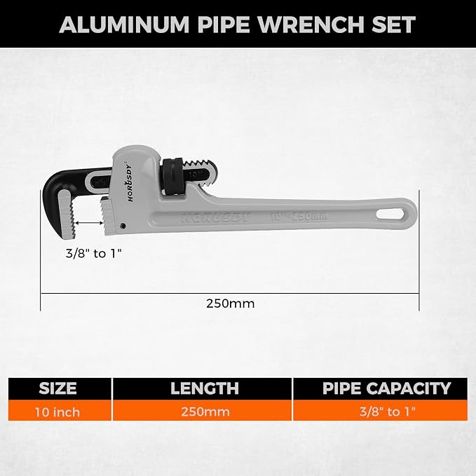 HORUSDY 10-Inch Aluminum Pipe Wrench, Heavy Duty Adjustable Plumbing Wrench for Pipe Fittings, Lightweight 250mm Gray Pipe Tool, Strong Grip & Durable Design for Home and Professional Use