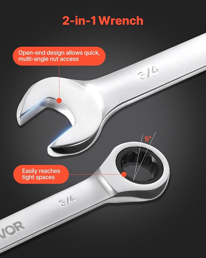 VEVOR Combination Wrench Set, 16-Piece SAE Sizes, 72 Teeth, Cr-V Steel Ratcheting Wrench Set, with Roll Up Pouch, Open End, Clear Size Labels, for General Household and Automotive Repairs, Silver