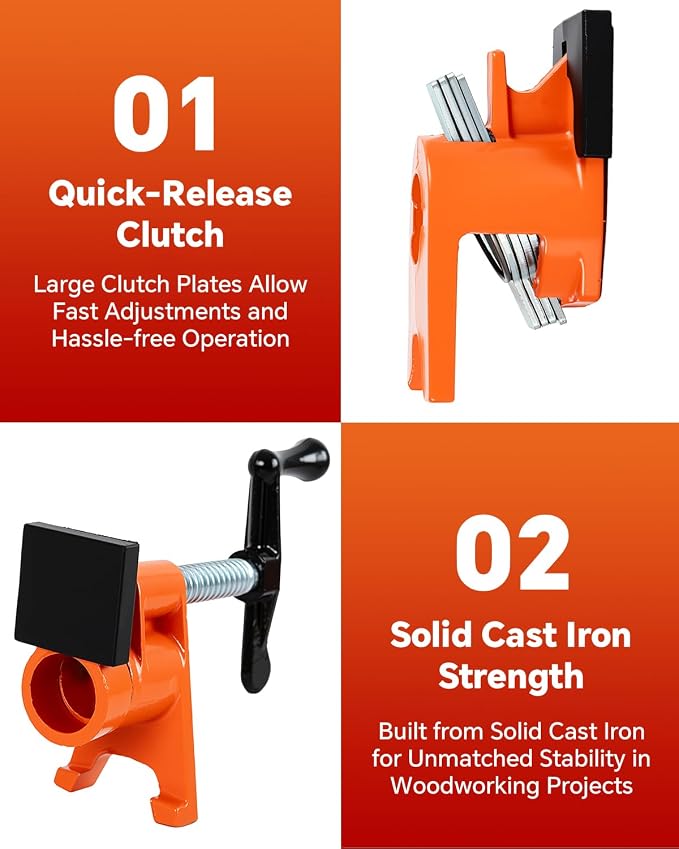 ATPEAM 3/4'' Pipe Clamps for Woodworking Heavy Duty Cast Iron Wood Gluing Pipe Clamp Set for Woodworking, Carpentry, Home Improvement, and DIY Jobs (4, Protective Pads)