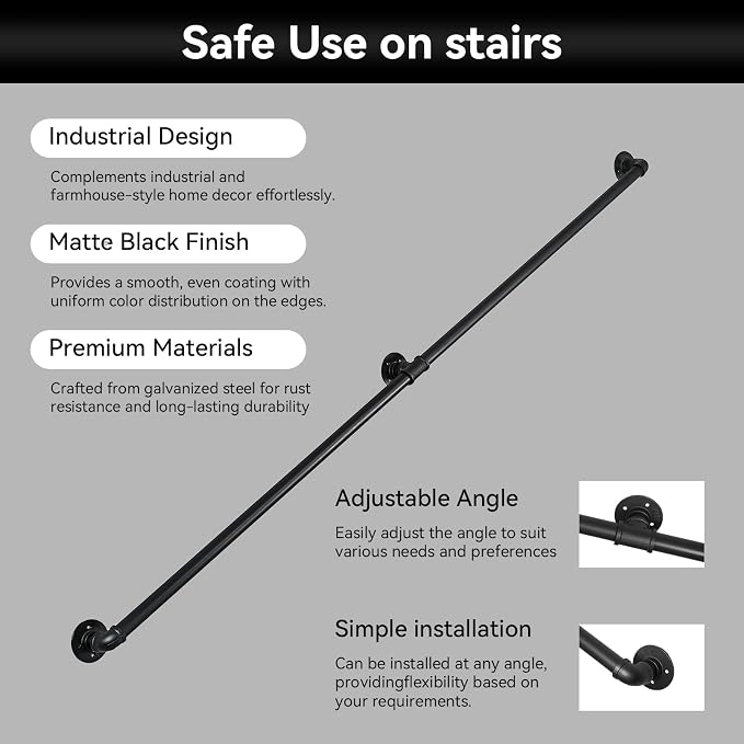 8FT Metal Staircase Hand Rail, Wall-Mounted Industrial Pipe Stair Handrail | Black Galvanized Iron Handrails for Garage, Porch, Toilet, Yard and Garden, Vintage Railing for Outdoor Indoor Stairs