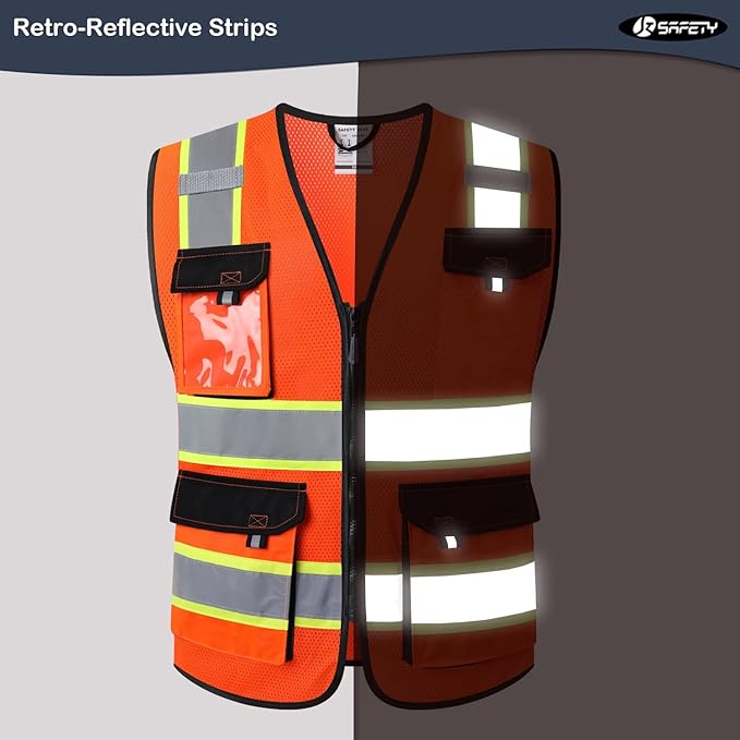 JKSafety Hi Vis Reflective Safety Vests for Men Women High Visibility Vest with Pockets Mesh Fabric Construction Safety Apparel Neon Vest for Work (220-orange S)