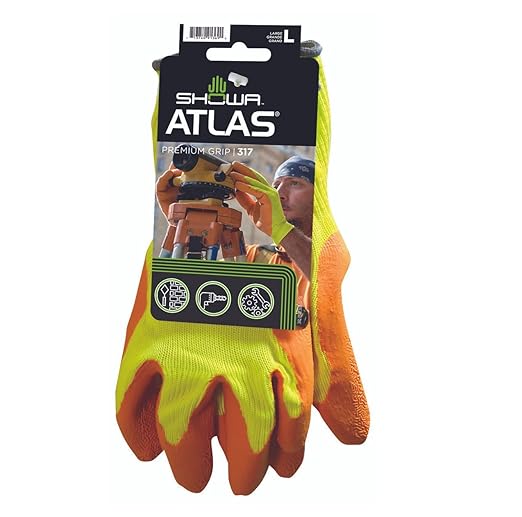 SHOWA Atlas 317 Original 1994 Crinkle Grip Work Gloves, Natural Latex Palm, Heavy Duty 10-Gauge for Construction, Landscaping, Gardening, & Masonry, Hi-Vis Yellow, Large, 1-Pair