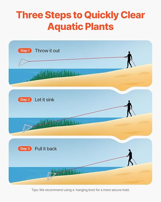 VEVOR 24in Aquatic Weed Rake, 3-Sided Lake Weed Rake with Handle, Portable and Foldable Pond Water Grass Razor, Stainless Steel Throwable Floating Pond Weeds Cutter with 30 ft Rope, for Lakes Ponds