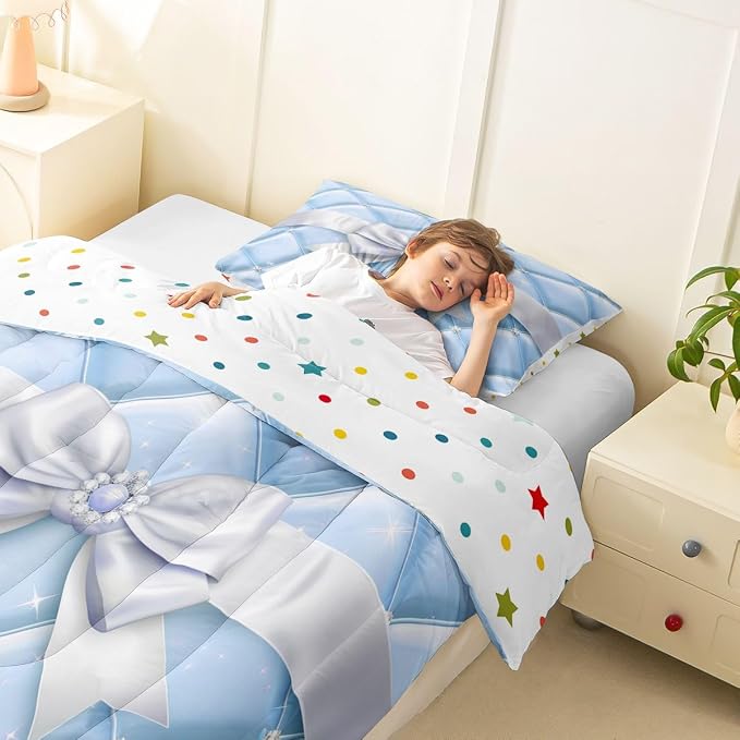 Feelyou Cute Blue Bow Bedding Set Soft for Boys Girls, Geometry Bowknot Comforter Set Twin Size Glitter Duvet Quilt Microfiber Bedroom Decor 2 Pcs with 1 Pillow Cases