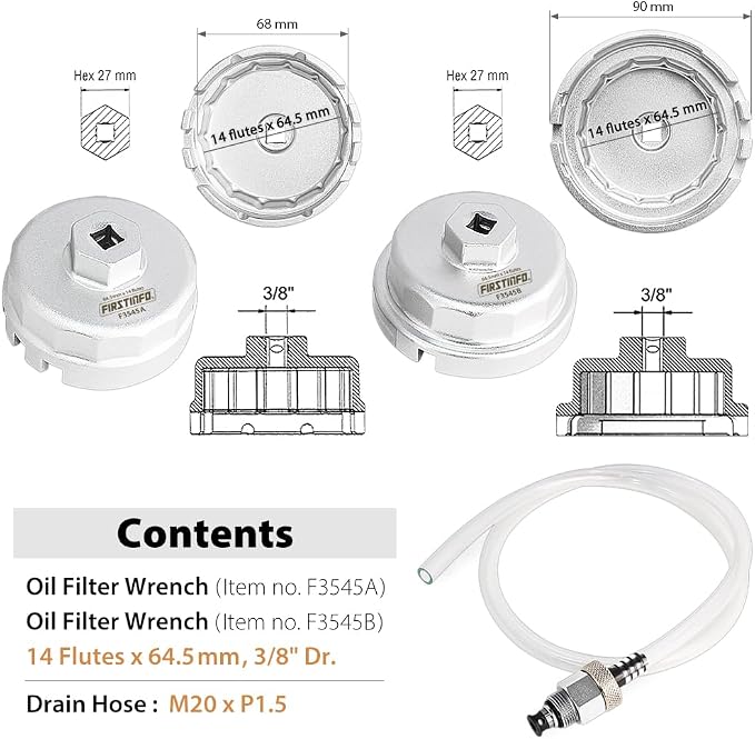 FIRSTINFO 2-Piece 64.5mm Oil Filter Wrench & Drain Hose for Toyota/Lexus | 14-flute cartridge cap fit • Forged aluminum body • 3/8 ratchet or 27mm socket use • Chrome-plated finish • Taiwan Made