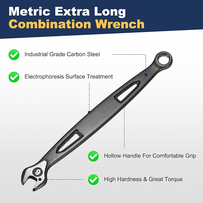 HARFINGTON Combination Wrench 6mm Metric Extra Long 12-Point Box and Open End Carbon Steel Double Ended Industrial Grade Spanner for Automotive Furniture Machinery DIY Repair, Black