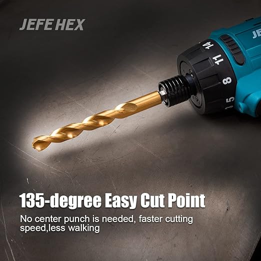 JEFE HEX 1/4" HSS Twist Titanium Drill Bits, Hex Shank for Quick Change, 135 Degree Easy Cut Split Point Drill Bit for Steel, Copper, Aluminum, Zinc Alloy, Wood, and Plastics (Pack of 6).