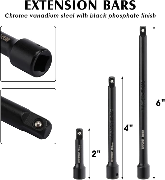MIXPOWER 55 Pieces 1/4" Dr. Impact Socket Set, CR-V, 6 Point, SAE/Metric, 5/32 Inch - 9/16 Inch, 4mm - 15mm, Shallow/Deep, Including Adapter, Extension, Universal Joint