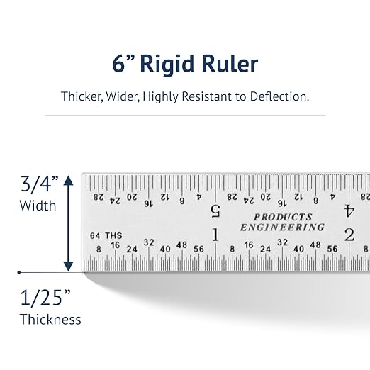 PEC Tools 6-Inch Rigid Steel Ruler, High-Quality Carbon Steel with Satin Chrome Finish, 3R Graduation (1/32", 1/64", 1/10", 1/50"), Fully Hardened and Tempered, Made in USA