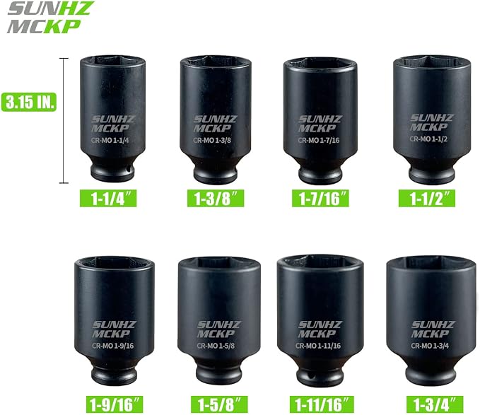 SUNHZMCKP 1/2" Drive Deep 6-Point Impact Socket Set, 8-Piece Standard SAE Spindle Axle Nut Impact Socket Set, Cr-Mo, 1-1/4-Inch to 1-3/4-Inch Size