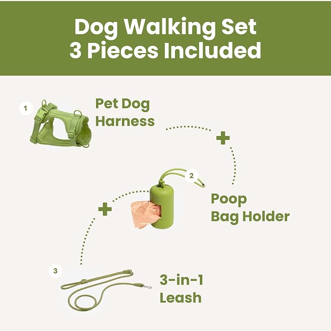 No Pull Dog Harness and Leash Set 3-in-1 Adjustable Anti Pull Dog Harness with Hands-Free Matching Leash,Poop Bag Holder,Easy Walk Dog Harness Small Sized Dog(Olive Green)
