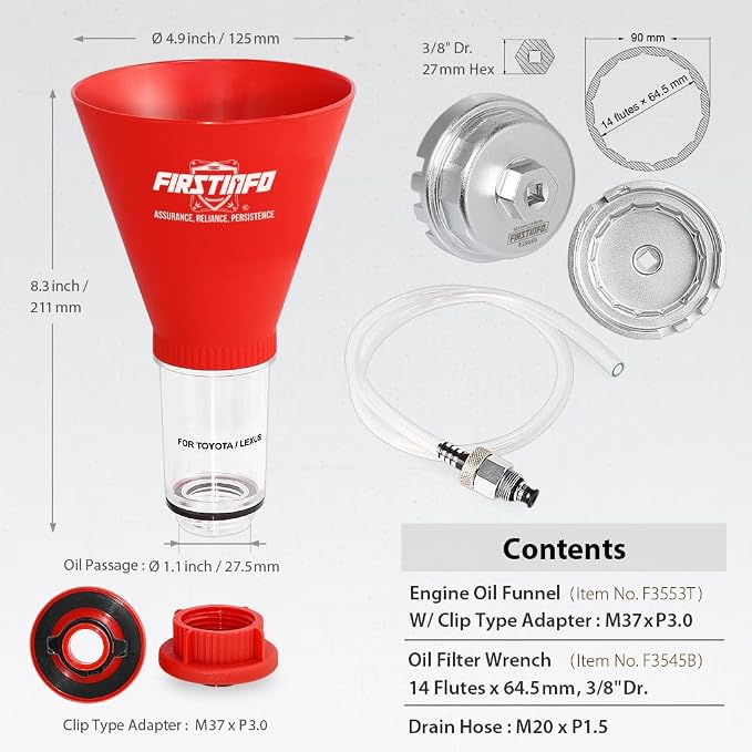 FIRSTINFO 64.5mm Oil Filter Wrench, Engine Oil Funnel, Oil Drain Hose | for Toyota & Lexus, Easy Oil Change Tool, F3545TN