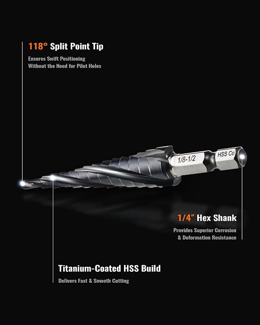 13 Sizes M35 Cobalt Step Drill Bit, 1/8" to 1/2" Four Spiral Flute Step Drill Bit for Metal, Titanium-Coated HSS Step Bit with 1/4" Hex Shank for Stainless Steel Aluminum Copper Wood Plastic