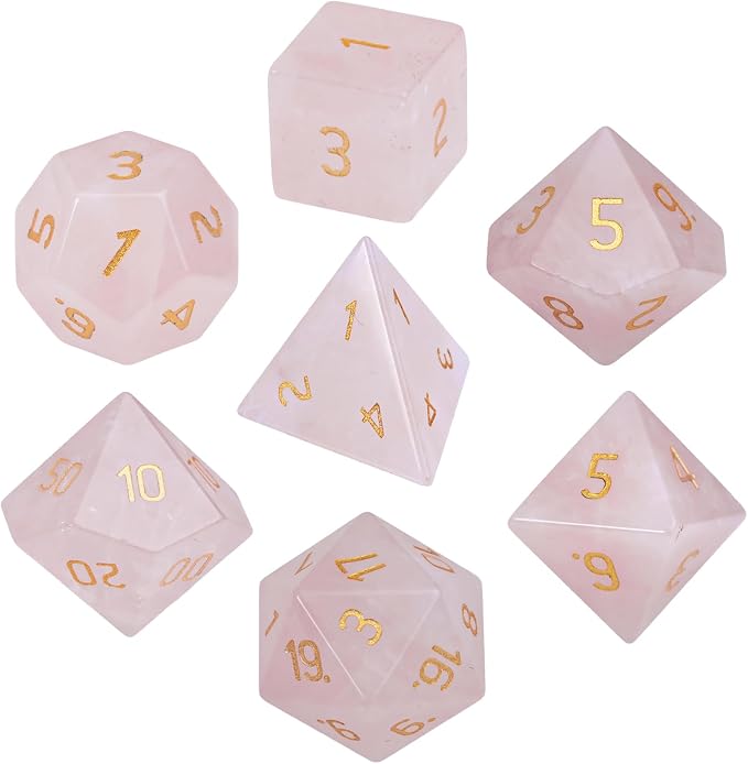 mookaitedecor 7 PCS Rose Quartz Crystal Polyhedral DND Dice Set, Polished Tumbled Stones Dices for RPG MTG Table Games Home Decoration