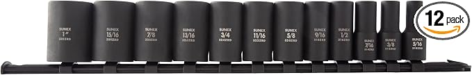 SUNEX Tools 3337A 12-Pc 3/8 in. Drive SAE Mid-Depth Impact Socket Set