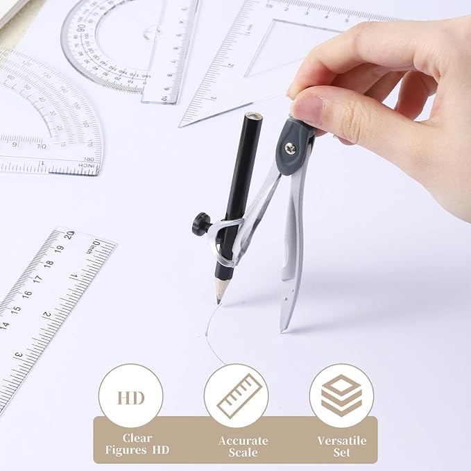 1 Set Plastic Geometry Math Set, Measuring Tool Includes Clear Ruler 12 Inch 6 Inch 6 and 3.8 Inches Protractor 45/60 Degree Triangle Rulers Compass for Office Drawing Drafting Engineering