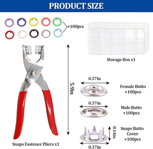 100 Sets Snap Button Kit with 10 Colors,Metal Snaps Buttons with Metal Pliers and Fastener Parts,Multicolor Press Tool Kit Perfect for DIY Clothing and Crafts(9.5mm)