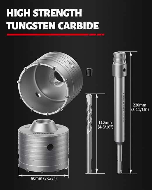 DAYDOOR 3-1/8'' (80mm) Concrete Hole Saw with SDS Plus Shank Adapter, Tungsten Carbide Tipped Masonry Hole Saw, Heavy Duty Concrete Core Drill Bit for Brick, Cement Wall, and Stone