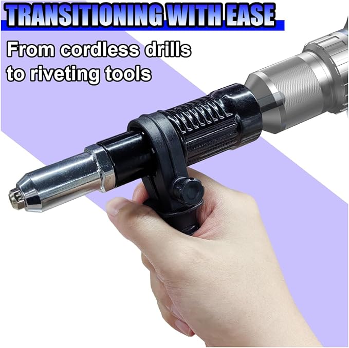 Pop Rivet Gun Adapter Kit, Rivet Drill Tool with 2.4mm/3.2mm/4.0mm/4.8mm Rivets Heads, Cordless Electric Power Drill Adaptor Attachment (1SET)