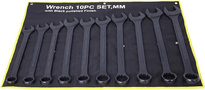 10-piece Jumbo Wrench Set, 34-50mm Large Combination Wrench Set, Metric Black Oxide Finish with Pouch | 34, 36, 38, 41, 42, 44, 45, 46, 48, 50mm sizes, Extra Large Combination Wrench Sets with Pouch (10PC-Metric)