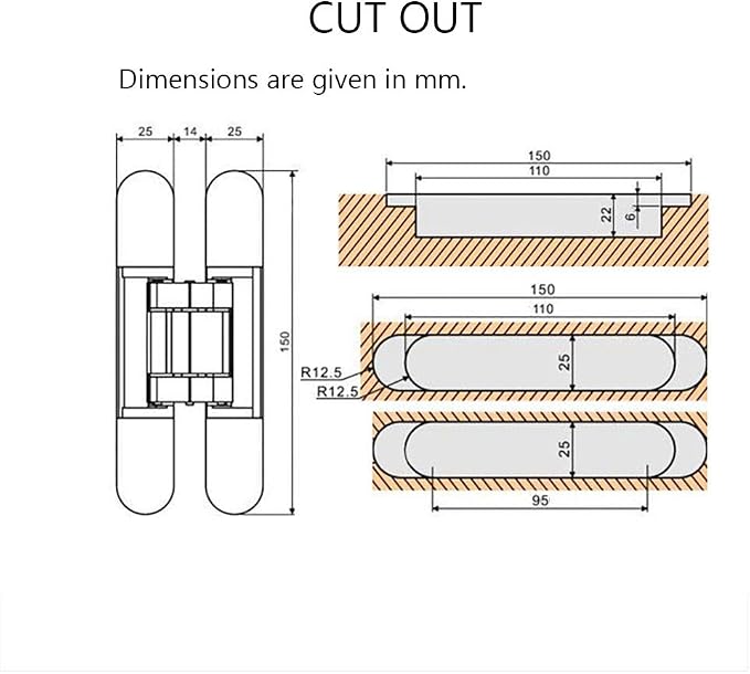 Concealed Door Hinges Heavy Duty Invisible Hidden Hinges 3-D Adjustable - 1 Pair